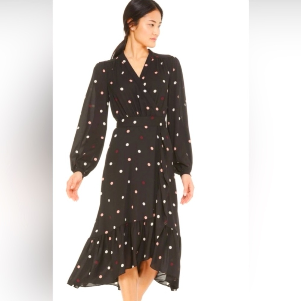 Kate Spade Long Sleeve Bakery Dot Midi Wrap Dress Black w Pink & White Polka Dot